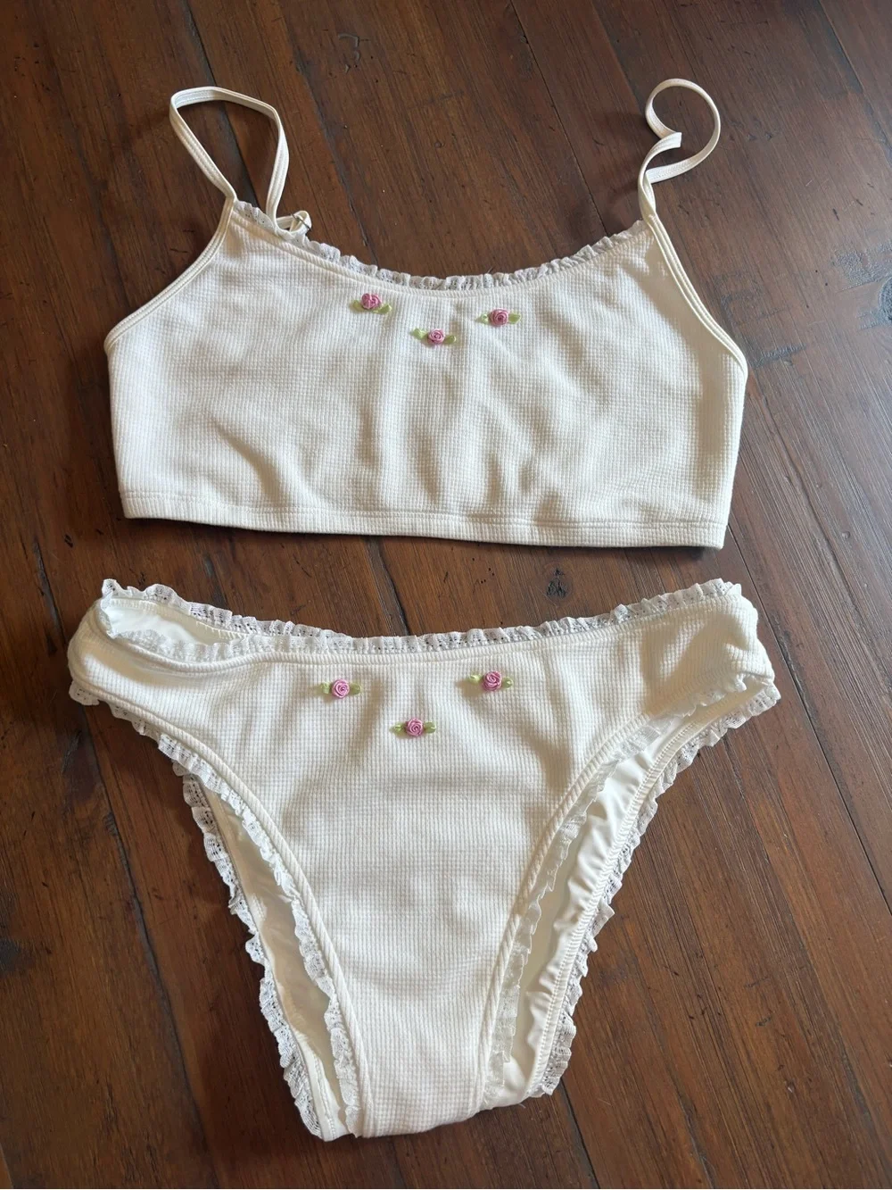 Frankie’s white waffle knit bikini set